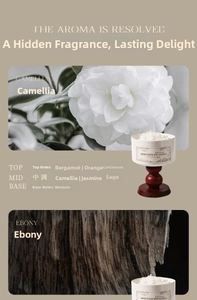 Detail view of Camellia scent notes with ceramic candle on elegant wood base
