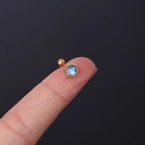 Minimalist gold moonstone stud earring with blue gem and screw ball backing for women