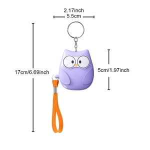Detailed dimensions of purple owl personal alarm keychain showing 5.5cm width and 17cm length