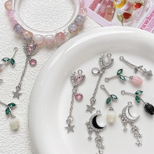 DIY heart and star pendant charms with beaded bracelet in silver metal and pink crystals