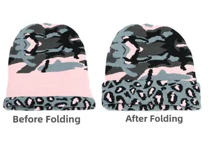 Detailed knit pattern of camouflage beanie showing unfolded and folded wearing styles