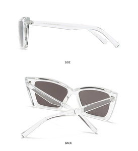 Side and back view of retro square sunglasses with clear frames and dark grey lenses