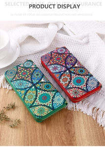 Ethnic mandala patterned long zipper wallets displayed on a rustic wooden table top