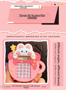 Close-up of pink rabbit cup calculator keychain with cute digital keypad and functional buttons