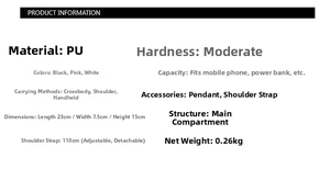 Detailed spec sheet for PU leather butterfly shoulder bag with dimensions and material