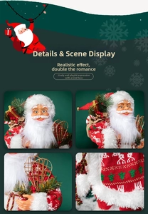 Detailed view of Santa figurine showing knitted sweater with deer pattern and gift bag
