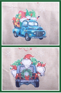 Détail du chemin de table de Noël en lin avec motifs de camion vintage et de lutins