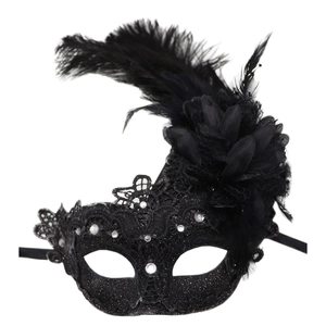 Dettaglio macro della maschera in pizzo con piume nere e strass su sfondo bianco