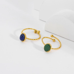 Oval Natural Stone Ring Stainless Steel 18K Gold Plated Twisted Band Adjustable Open Rings For Women Fashion Jewelry