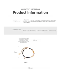 Vue détaillée du bracelet en perles de pierre et coquillage avec dimensions et poids