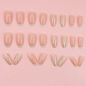 Pink French press-on nails with white wave line patterns in a stylish ballet shape