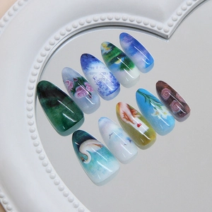 Artistic oil painting style press on nails featuring swan and rose motifs on tray