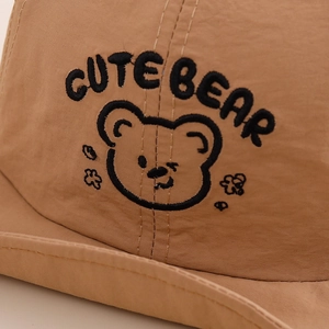 Cute bear embroidery on breathable cotton baby sun hat in khaki with adjustable strap