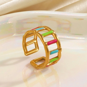 Anello Aperto In Acciaio Inossidabile Smalto Colorato Design Geometrico Cavo Placcato Oro Gioielli Di Moda Per Donna