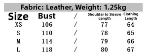 Detailed size guide table for women's faux leather biker jacket with collar