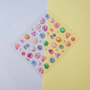 Detailed 3D embossed nail art stickers with colorful succulents and laser aurora texture