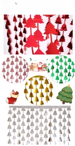 Close-up of metallic Christmas tree fringe curtains in green, pink, gold, and silver colors