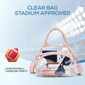 Clear stadium approved tote bag with pink trim and shoulder strap for football games