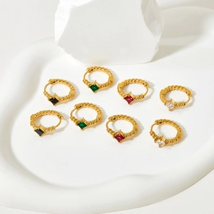 French style gold twisted hoop earrings with square emerald and colored crystals