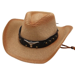 Classic straw western cowboy hat with silver bull head metal ornament and leather band