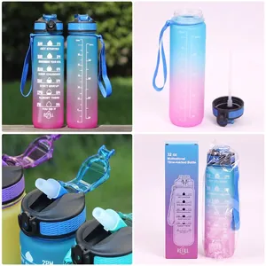Blue and pink gradient 1000ml sports water bottle with motivational time markers