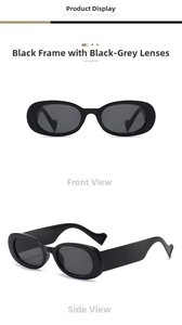 Front and side views of vintage oval sunglasses with thick black frames and dark lenses