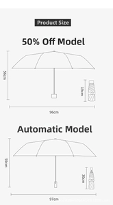 Detailed size comparison chart for automatic and 5-fold portable sun umbrellas