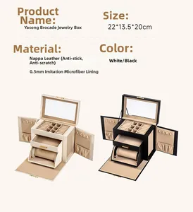 Internal layout detail of multi-layer nappa leather jewelry box showing ring slots and hooks