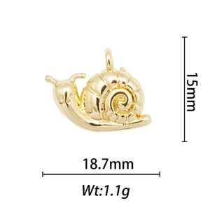 Detail view of 18k gold plated snail pendant with 18.7mm length and 15mm height dimensions
