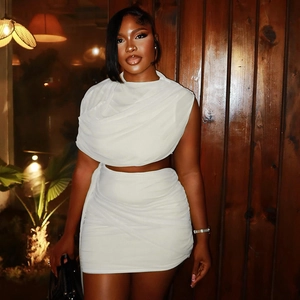 Chic two-piece white drawstring set with ruched cropped top and bodycon mini skirt