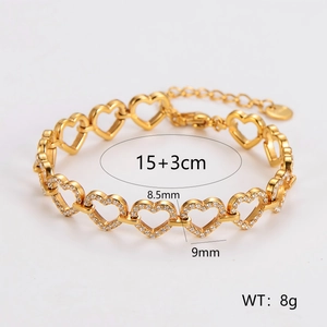 Bracelet cœur en acier doré avec diamants pavés, longueur ajustable de 15+3cm bijoux