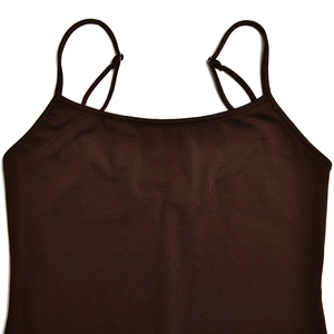 Close-up of adjustable straps and U-neckline on dark brown slim fit camisole dress