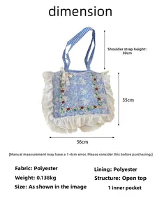 Blue plaid canvas tote bag detail showing lace trim floral embroidery and inner pocket