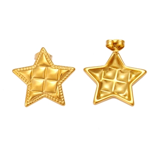 Macro view of gold stainless steel star earrings with textured quilted pattern