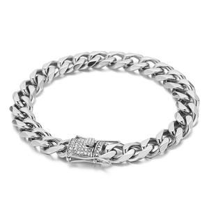 Silver stainless steel Cuban chain bracelet with a luxury diamond-set buckle clasp