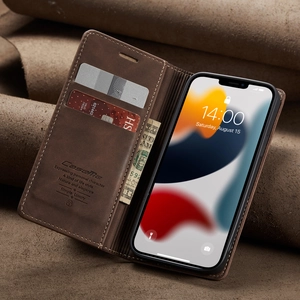 Internal view of brown leather flip case with card slots and wallet for smartphones