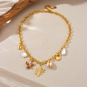 Collier bohème en acier inoxydable doré à grosse chaîne avec pendentifs étoiles de mer