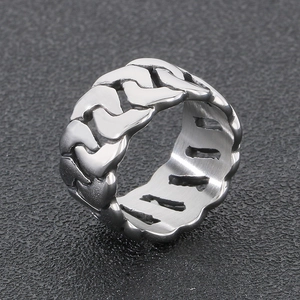 Mens silver stainless steel Cuban link chain ring with a wide hip-hop style design
