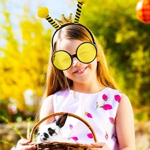 Kids bee costume accessories set featuring yellow antenna headband with crown and round glasses