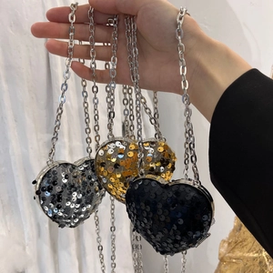 Stylish heart shaped sequin evening bags in silver gold and black with metal chains