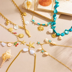 Stainless Steel Necklace With Shell Starfish Sun Charms Beach Vacation Boho Jewelry For Women Gold Plated