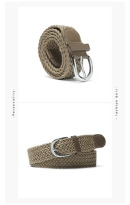 Detailed view of khaki braided rope belt with leather ends and metal buckle