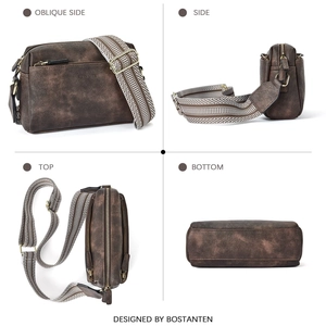 Detail view of brown leather crossbody bag featuring colorful woven shoulder strap
