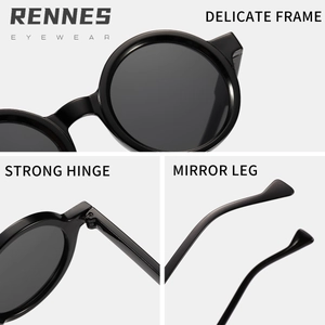Classic round black sunglasses for women with delicate frame and strong metal hinges
