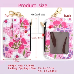 Floral print card holder wallet with 4 slots and key ring in pink, size 12x8.5cm
