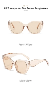 Front and side view of large polygon cat eye sunglasses in translucent tea brown finish