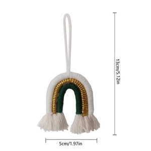 Macro view of woven rainbow Christmas ornament with cotton fringe and size dimensions