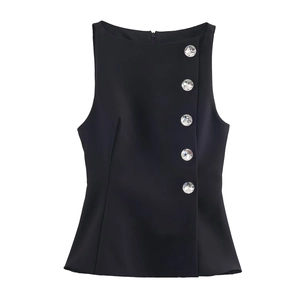 Women Sleeveless Slim Fit Top Elegant Black Blouse With Large Rhinestone Buttons And Hidden Back Zipper