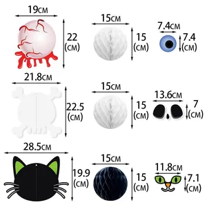 Size chart for Halloween honeycomb hanging ornaments including skull and cat decorations