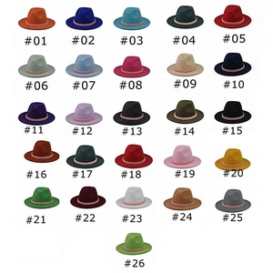 Matrix of wool felt fedora hats with metal chain band in twenty-six vibrant colors
